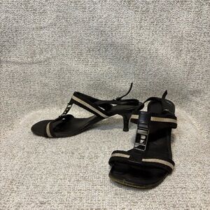 Y2K Bally Black Kitten Heels, White Strap And Logo “B” Details